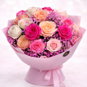 Buchet de trandafiri roz și crem – buchet floral elegant