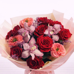 Buchet Premium cu Trandafiri Roșii și Orhidee Roz – Passion Royale