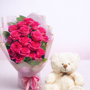 Buchet Romantic cu Trandafiri Roz și Ursuleț de Pluș – Valentine’s Day